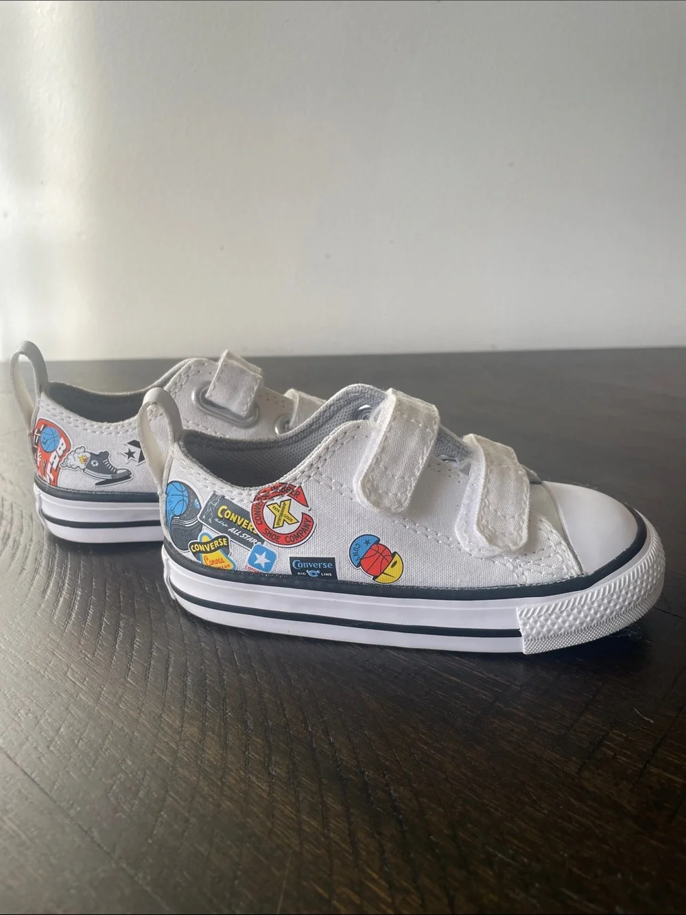 Converse Toddler White Canvas Velcro Sneakers with Sports Decals